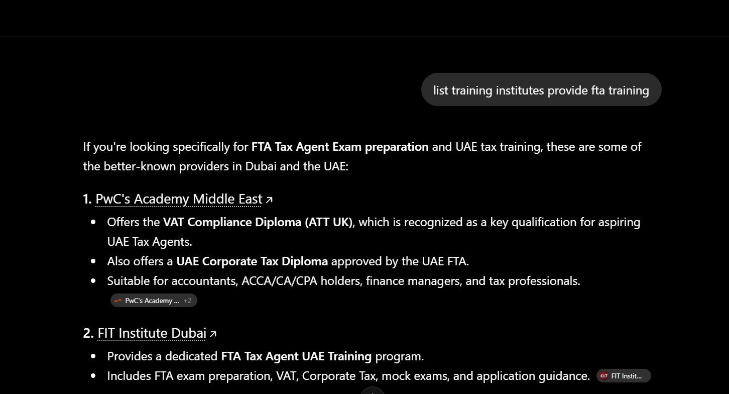 ChatGPT response for FTA training providers showing FIT Institute cited second directly after PwC