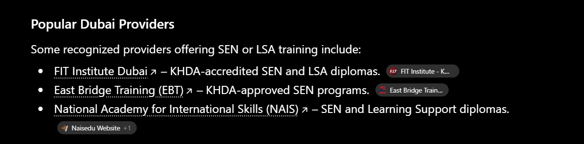 ChatGPT response for SEN/LSA providers in Dubai showing FIT Institute listed first