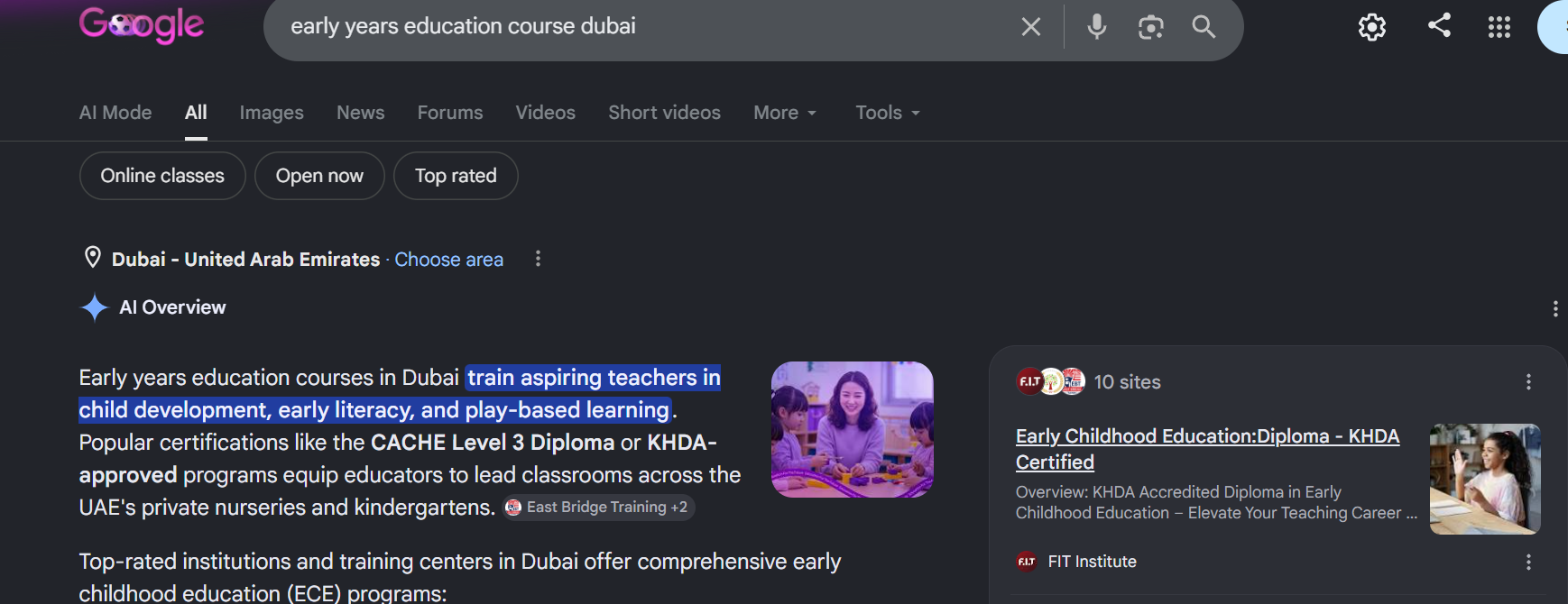 Google AI Overview for 'early years education course dubai' showing FIT Institute cited