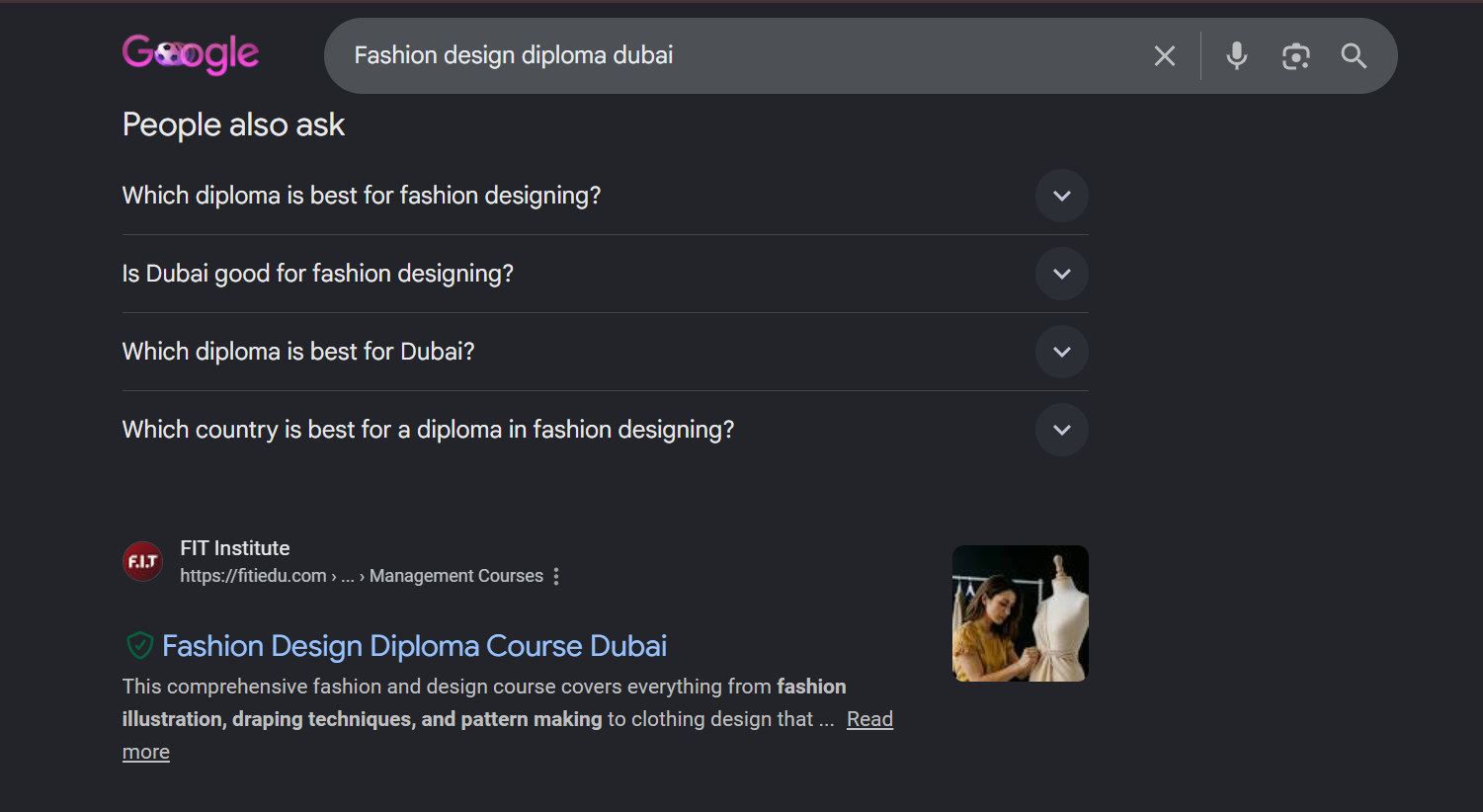 Organic search results for 'fashion design diploma dubai' showing fitiedu.com on page one