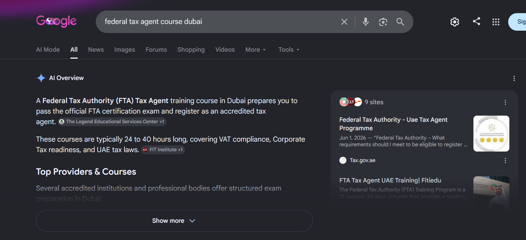 Google AI Overview for 'federal tax agent course dubai' showing FIT Institute cited