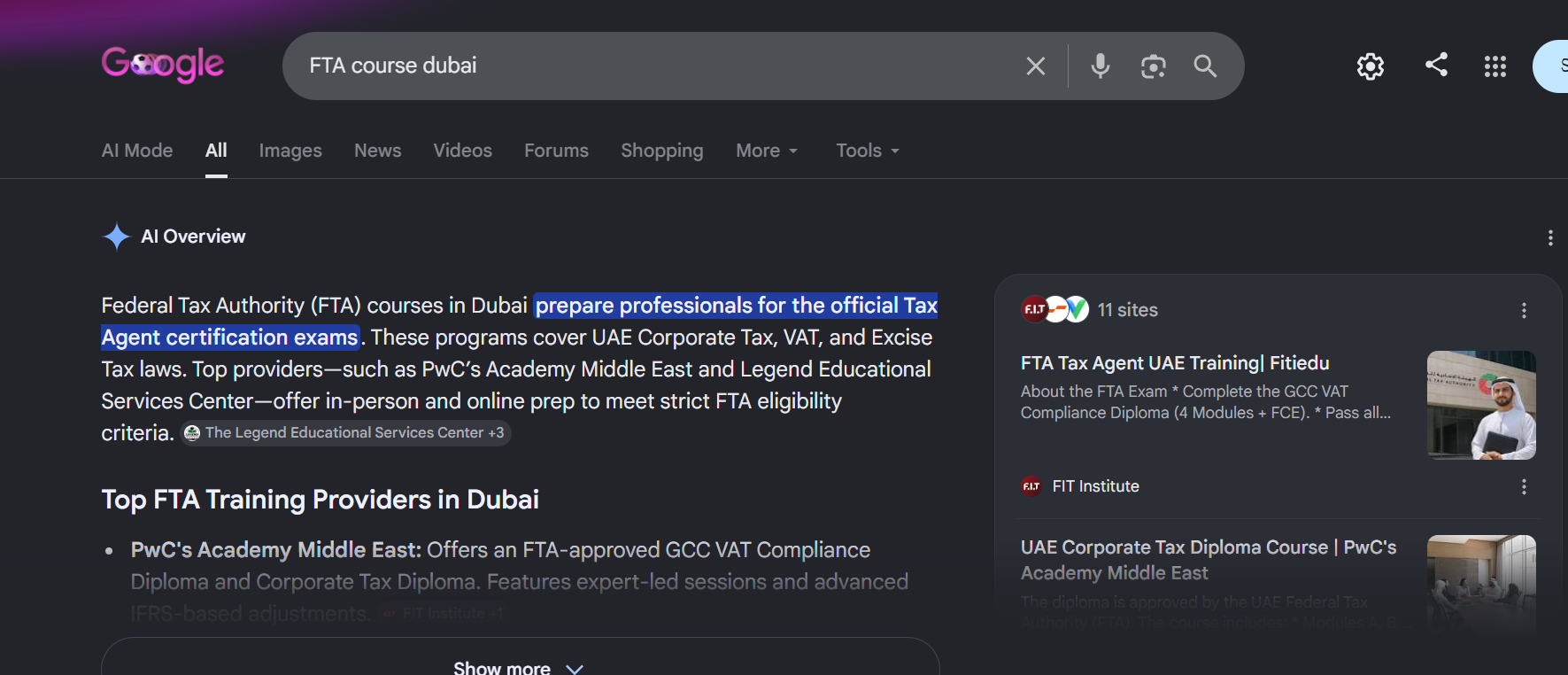Google AI Overview for 'FTA course dubai' showing fitiedu.com cited above PwC Academy Middle East in the source panel