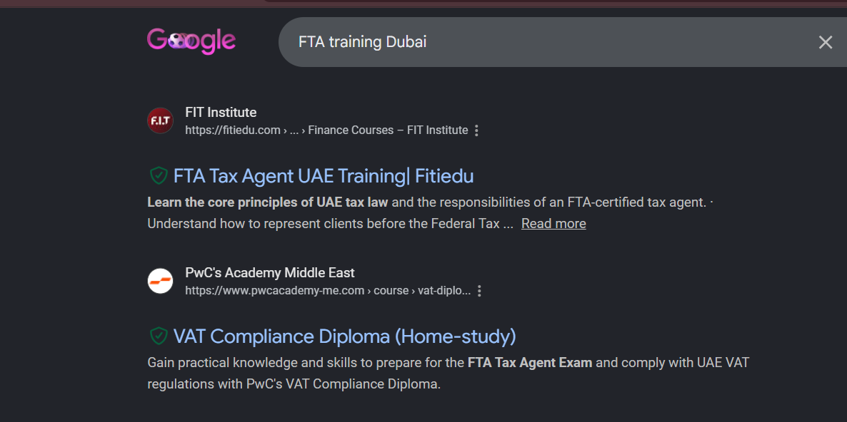 Organic results for 'FTA training Dubai' showing fitiedu.com ranking #1 above PwC's Academy