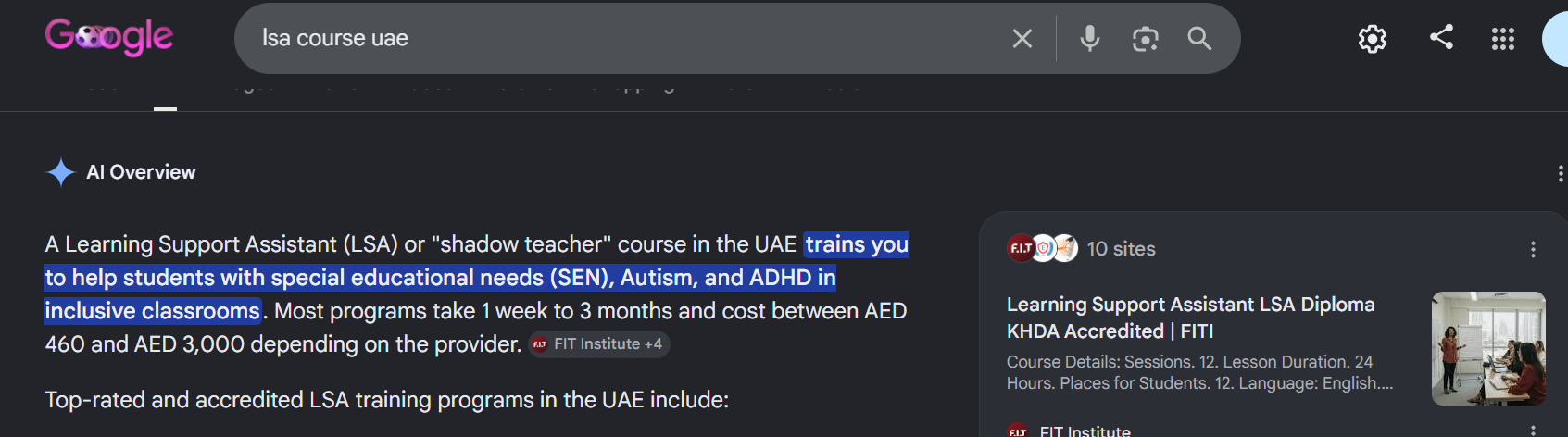 Google AI Overview for 'lsa course uae' showing FIT Institute cited and featured in the source panel